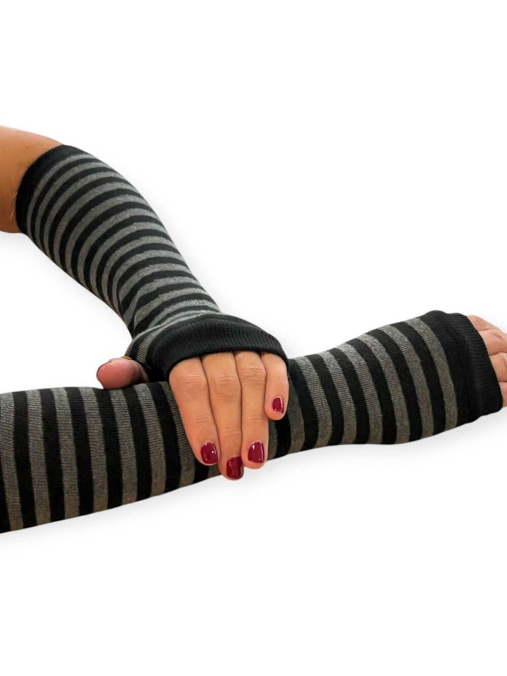Gray & Black Striped Fingerless Gloves for Women